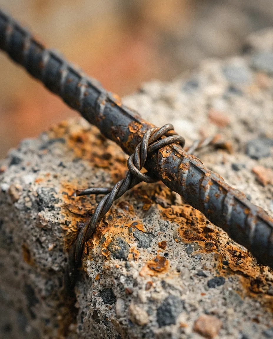 Macro of rebar tie wire on raw concrete