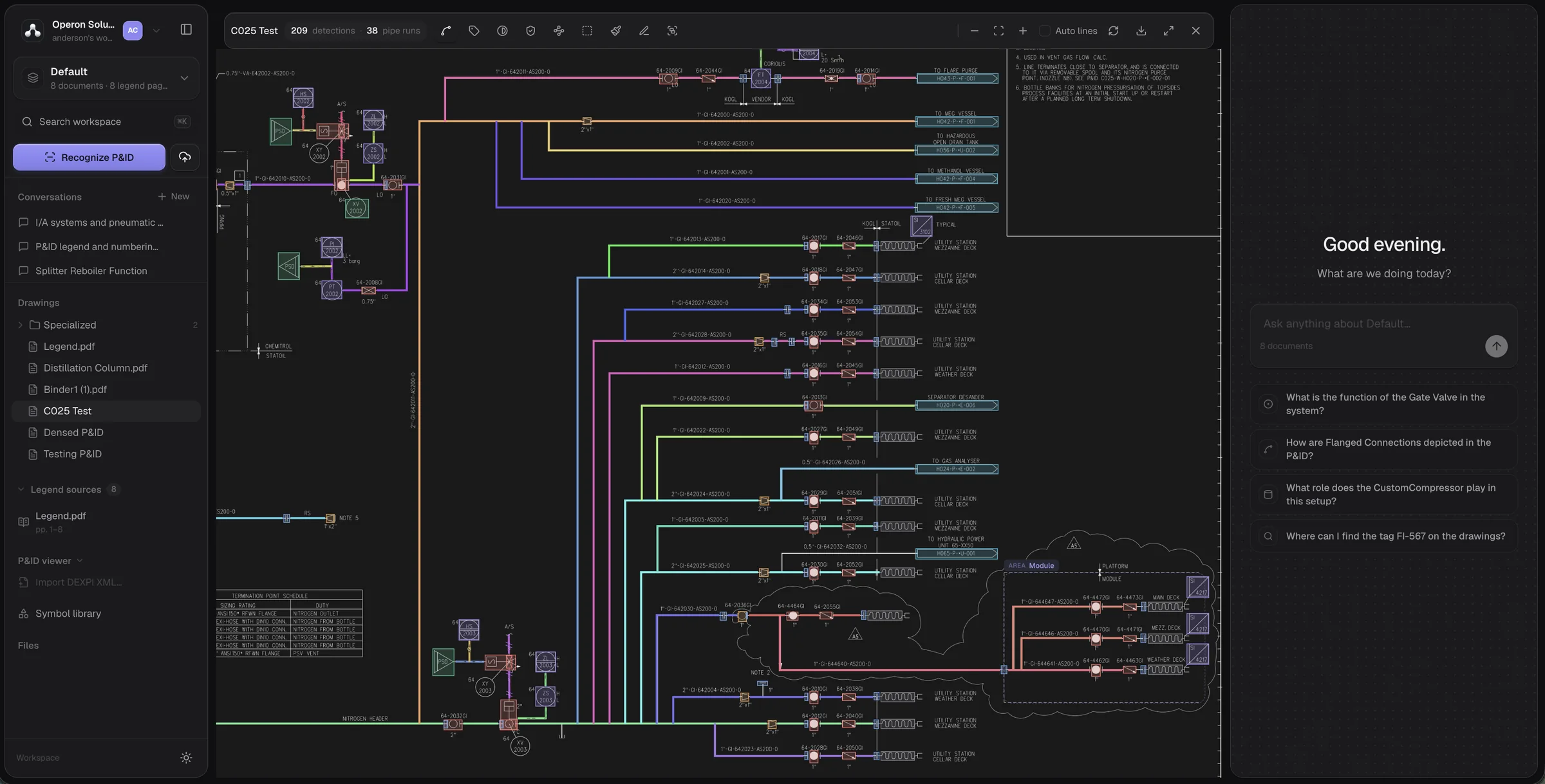 The Operon workspace: a recognized P&ID with its pipe runs traced, beside the plant chat panel