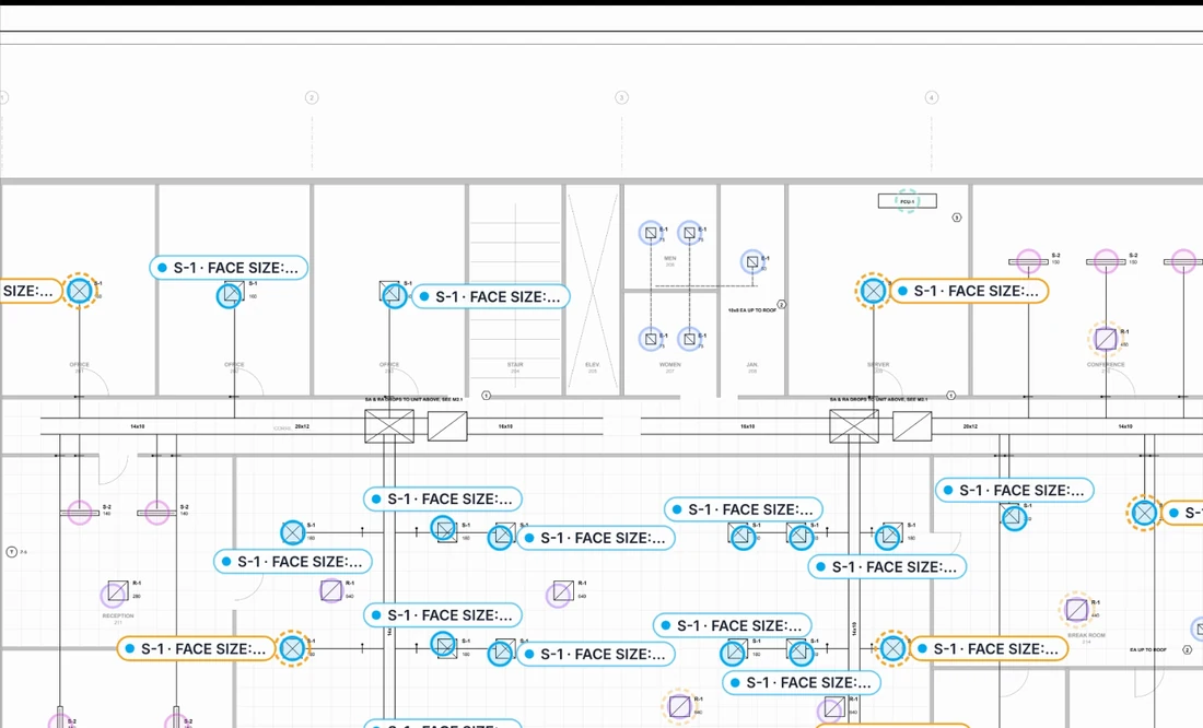 Operon HVAC take-off counting supply diffusers on a mechanical floor plan
